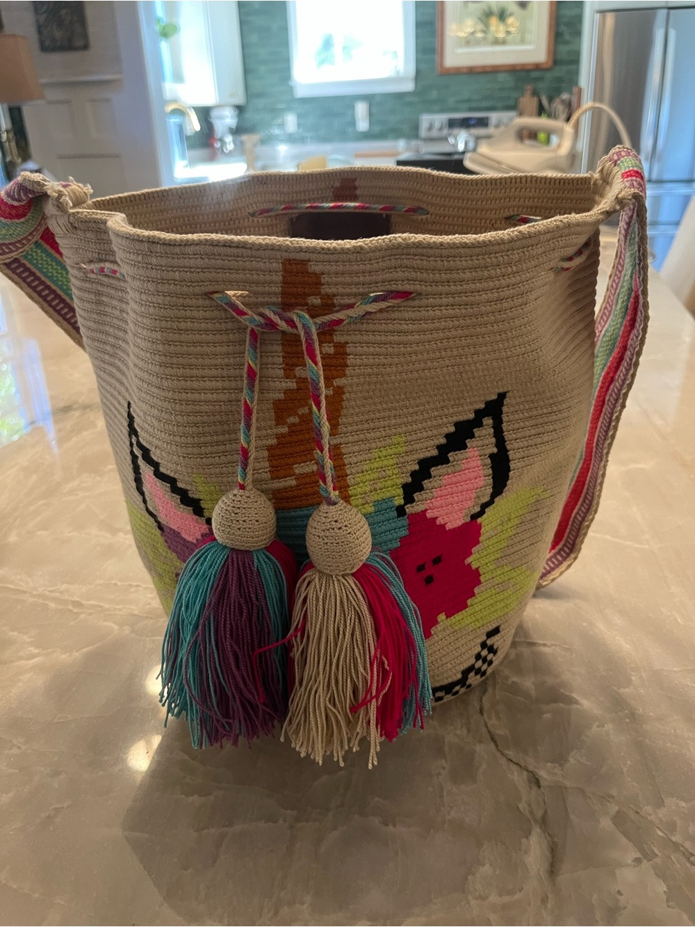 Handwoven Cream Tote Satchel with Multicolor Tassels - Women Bags